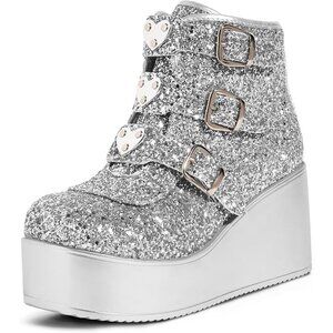 Women Silver Glitter Polyurethane Rave Buckle Thick Sole Platform Ankle Boots